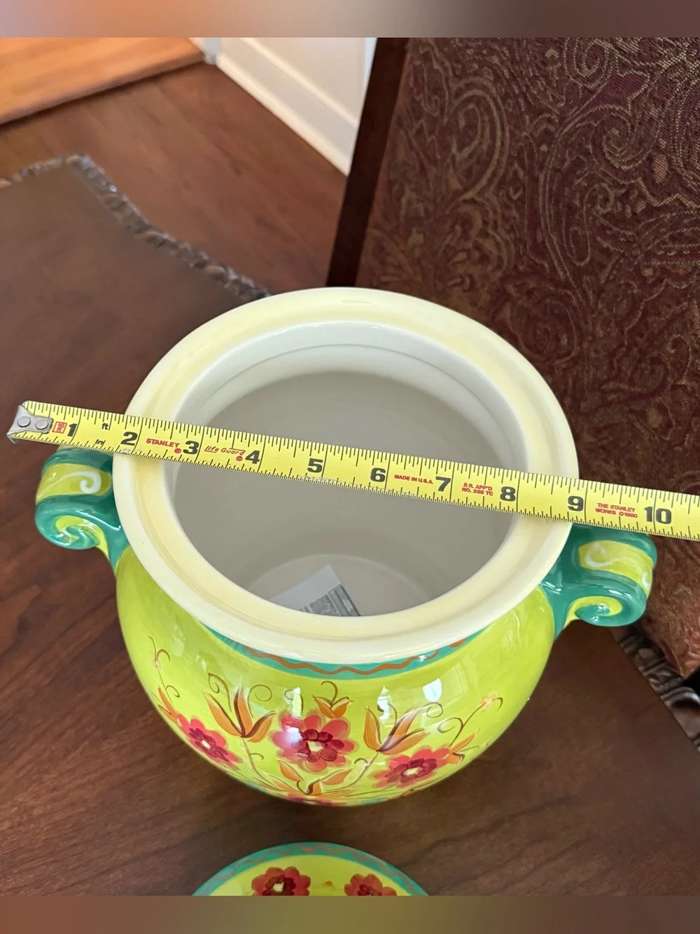 Pier 1 Hand-Painted Ceramic Cookie Jar Canister Lime Green Floral Lid w/Seal 12”